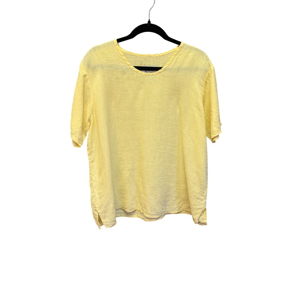 Flax by Jeanne Engelhart Yellow 100% Linen Short Sleeve Blouse Top Medium